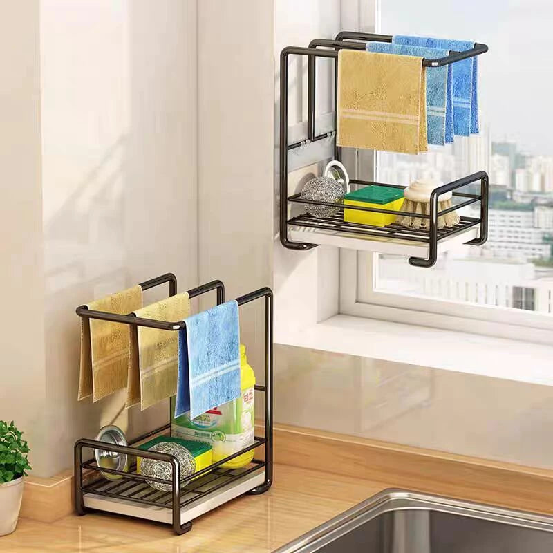 Kitchen Dishcloth Storage Rack Rag Holder Dish Brush Drying Hanger with Removable Drain Pan Dishwashing Cloth Sink Drain Rack