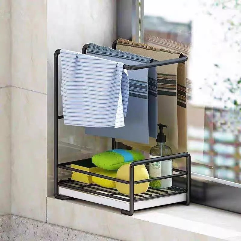 Kitchen Dishcloth Storage Rack Rag Holder Dish Brush Drying Hanger with Removable Drain Pan Dishwashing Cloth Sink Drain Rack