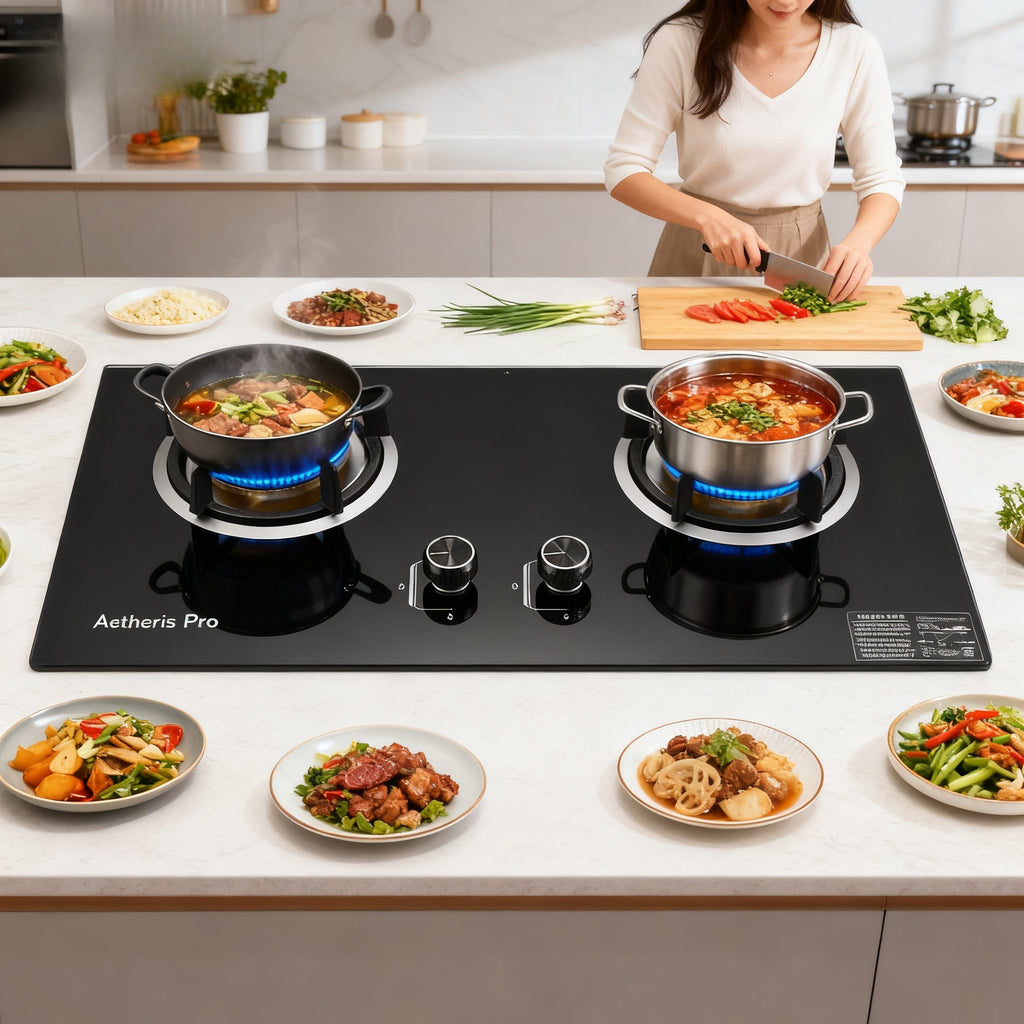 Premium Tempered Glass Gas Hob with LCD Timer Dual Burner, Rotary Dial Control, Full Copper Flame Outlet, Sleek Modern