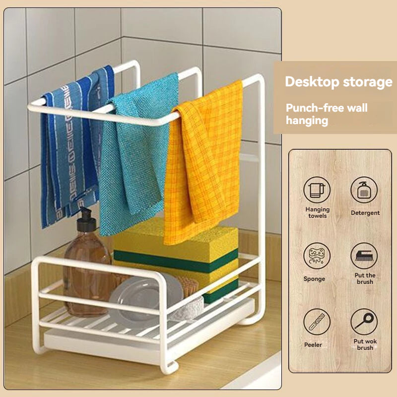 Kitchen Dishcloth Storage Rack Rag Holder Dish Brush Drying Hanger with Removable Drain Pan Dishwashing Cloth Sink Drain Rack
