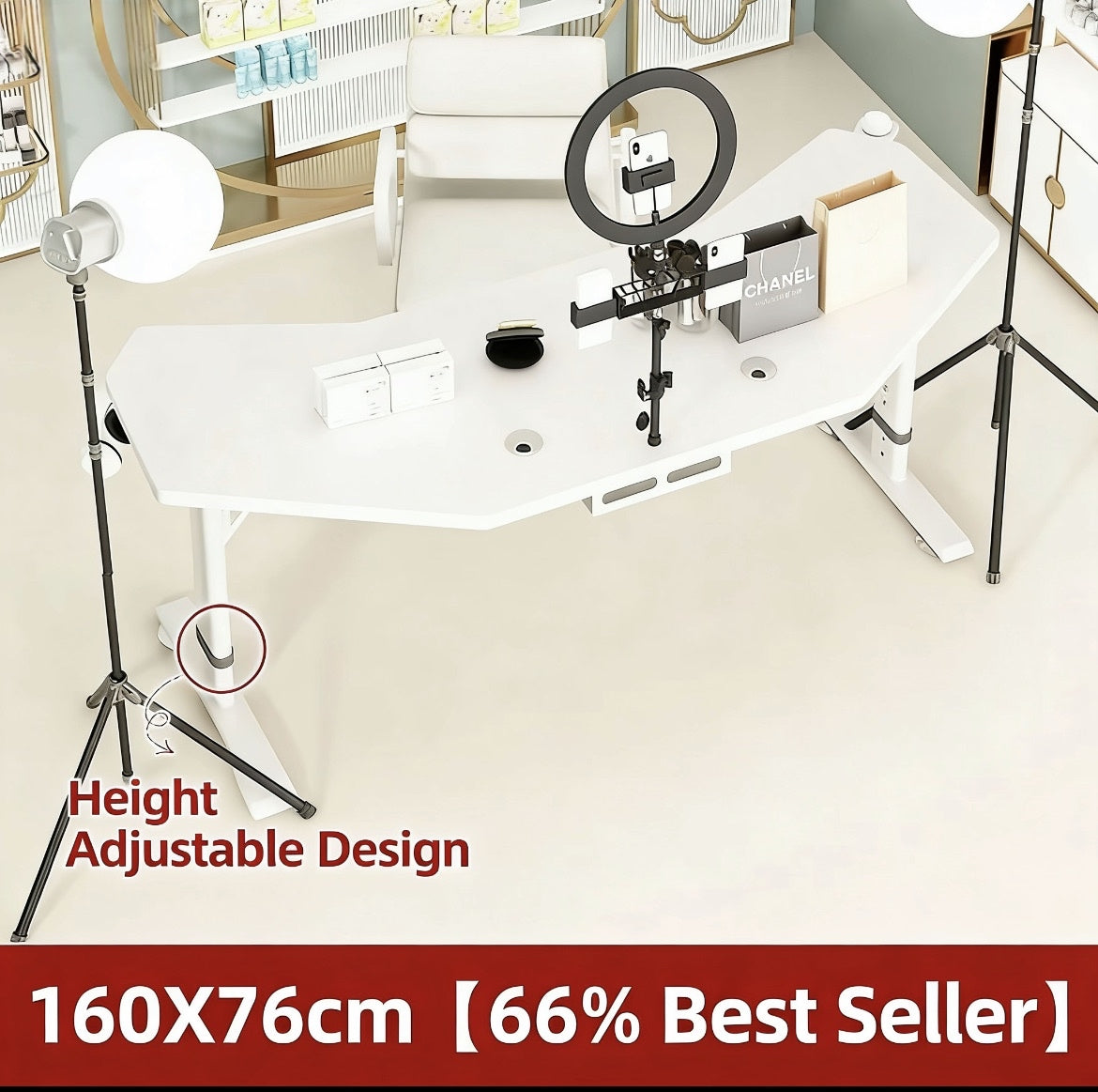 Height-Adjustable Live Streaming Desk with Rotating Display – Mobile Computer Workstation for Office & Streaming Setup