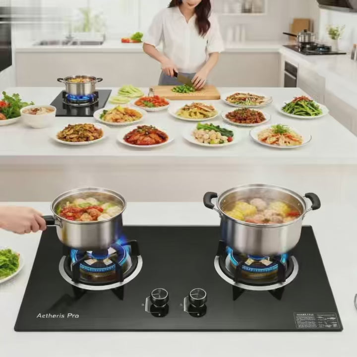 Premium Tempered Glass Gas Hob with LCD Timer Dual Burner, Rotary Dial Control, Full Copper Flame Outlet, Sleek Modern